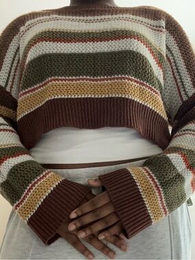 SHEIN Cropped Striped Crewneck Sweater in Brown, Olive, Cream and Mustard